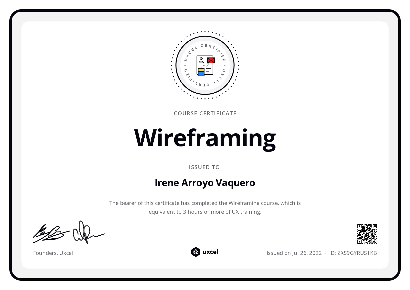 Irene Arroyo Vaquero's certificate